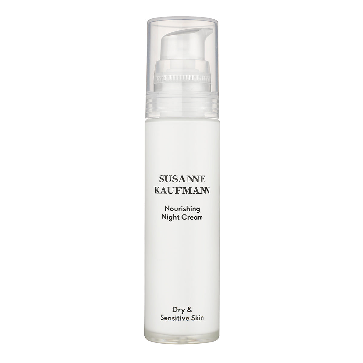Skincare bottle labeled 'Susanne Kaufman Nourishing Night Cream' on a white background