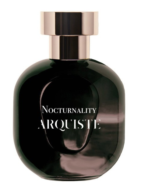 A dark green glass perfume bottle with a metallic rose gold cap, featuring the text 'Nocturnality ARQUISTE' in white on the front, set against a plain white background.