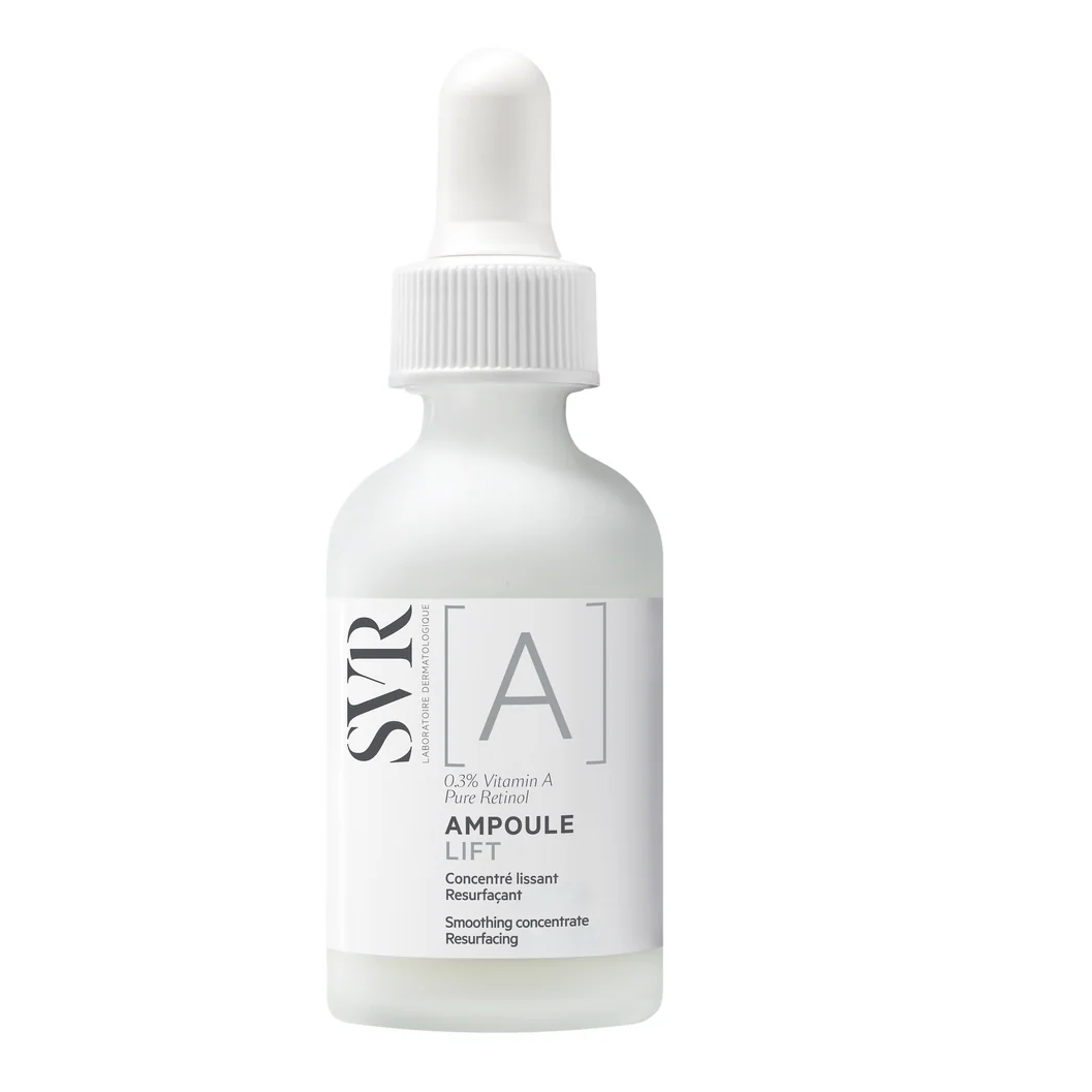 White bottle with a dropper labeled 'SVR' on a white background