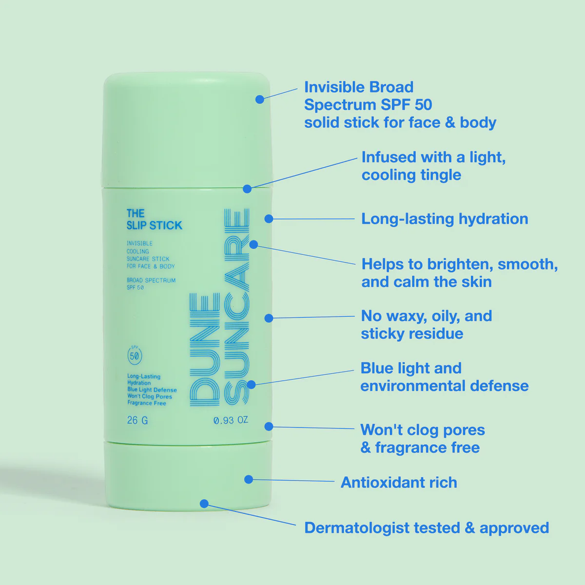 Dune Suncare slip stick with features listed on a light green background