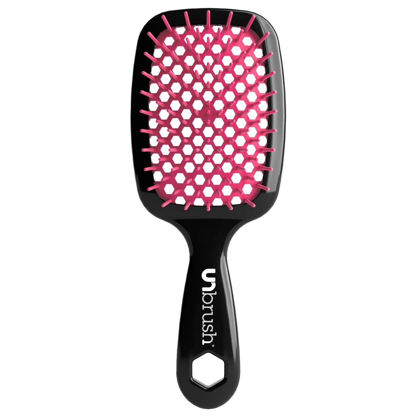 Black hairbrush with pink bristle pattern on a white background