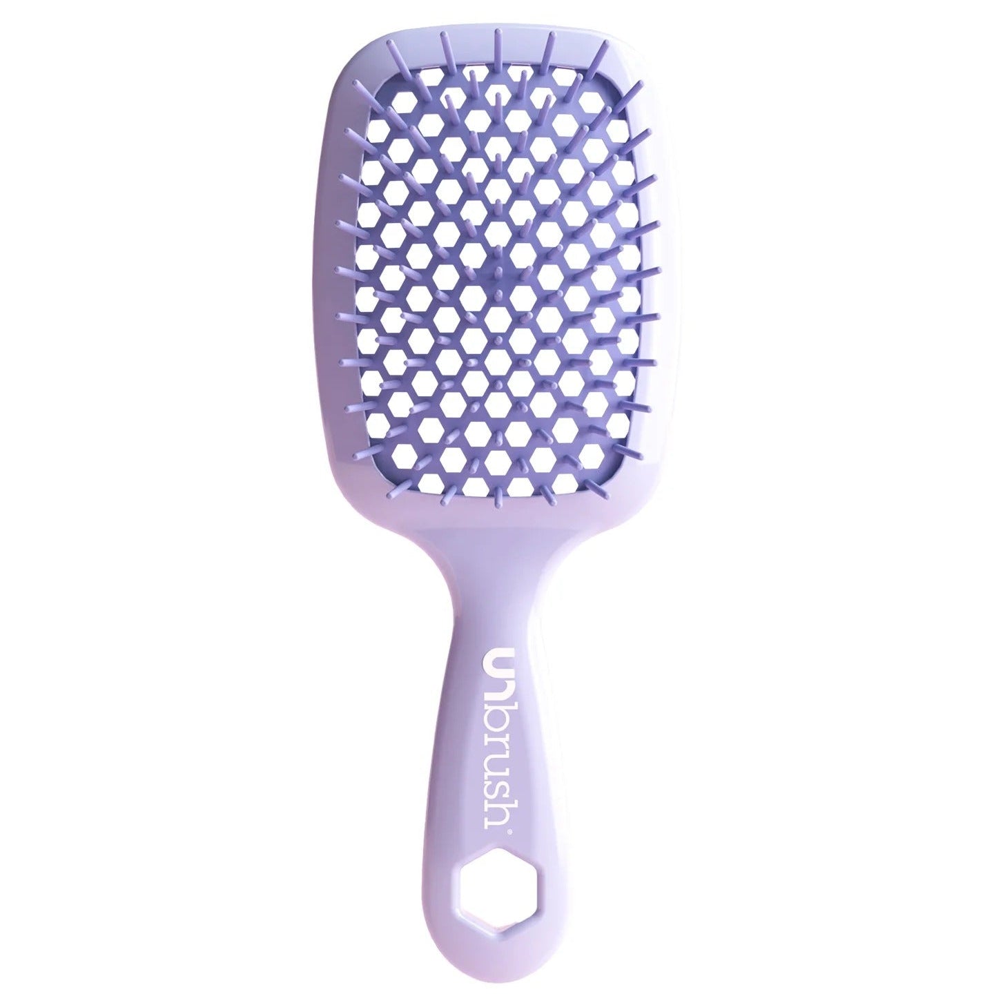 Purple hairbrush with a white background