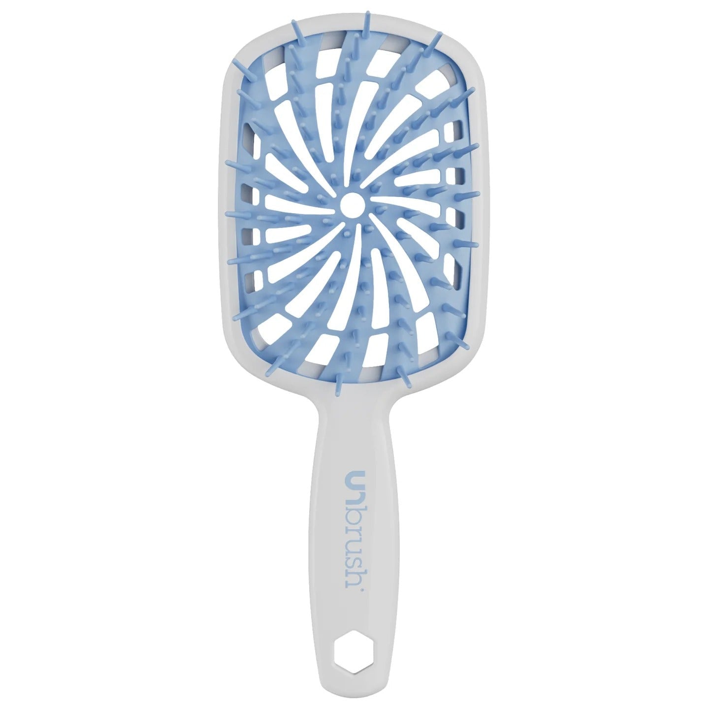 White brush with blue bristle head on a white background