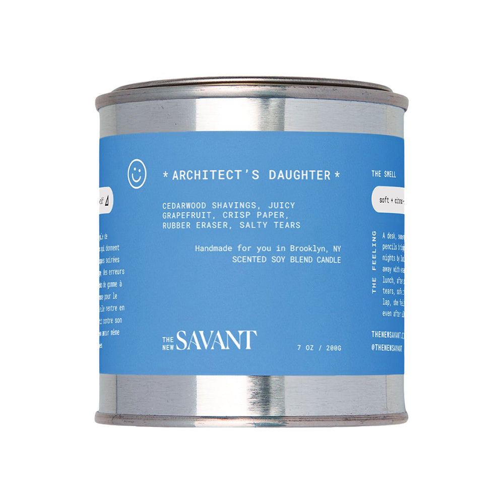 Scented candle tin labeled 'Architect's Daughter' by The New Savant on a white background