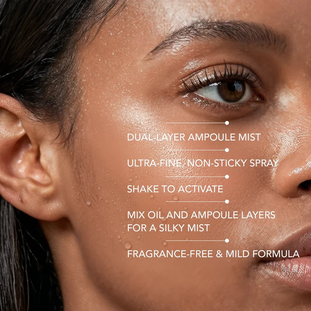 Close-up of a woman's face with text overlay describing a skincare mist: 'DUAL-LAYER AMPOULE MIST', 'ULTRA-FINE NON-STICKY SPRAY', 'SHAKE TO ACTIVATE', 'MIX OIL AND AMPOULE LAYERS FOR A SILKY MIST', and 'FRAGRANCE-FREE & MILD FORMULA'.
