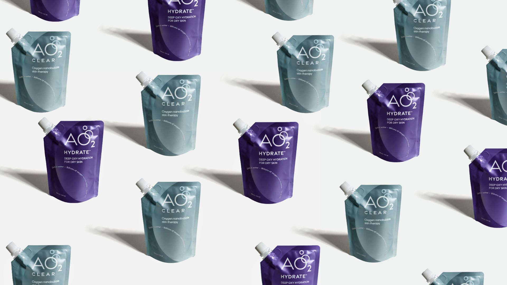 Pattern of blue and purple packaging on a white background