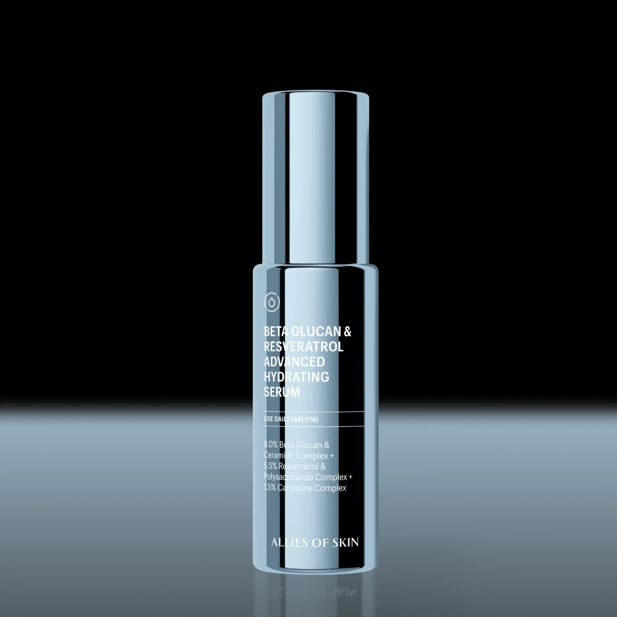 Skincare serum bottle with label on a reflective surface and black background