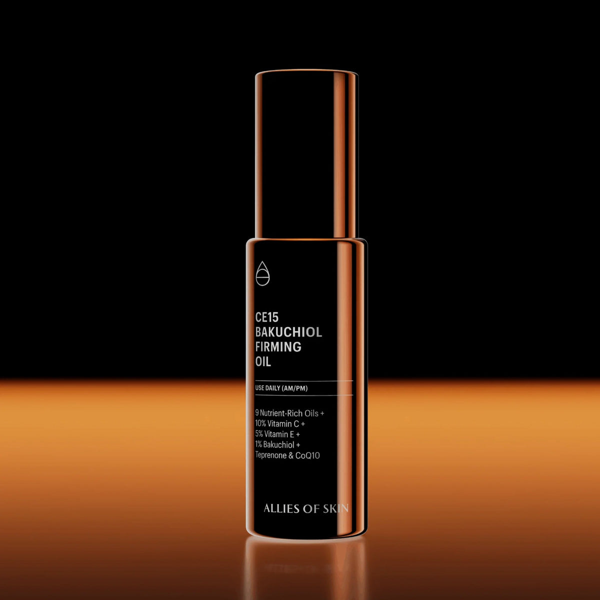 Skincare oil bottle labeled 'CE15 Bakuchiol Firming Oil' on a gradient background