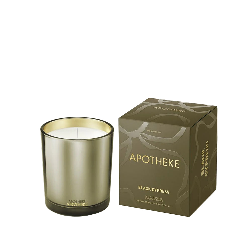 Apotheke Black Cypress candle and packaging on a white background