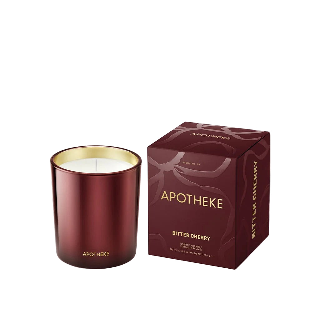 Apotheke Bitter Cherry candle and its packaging on a white background