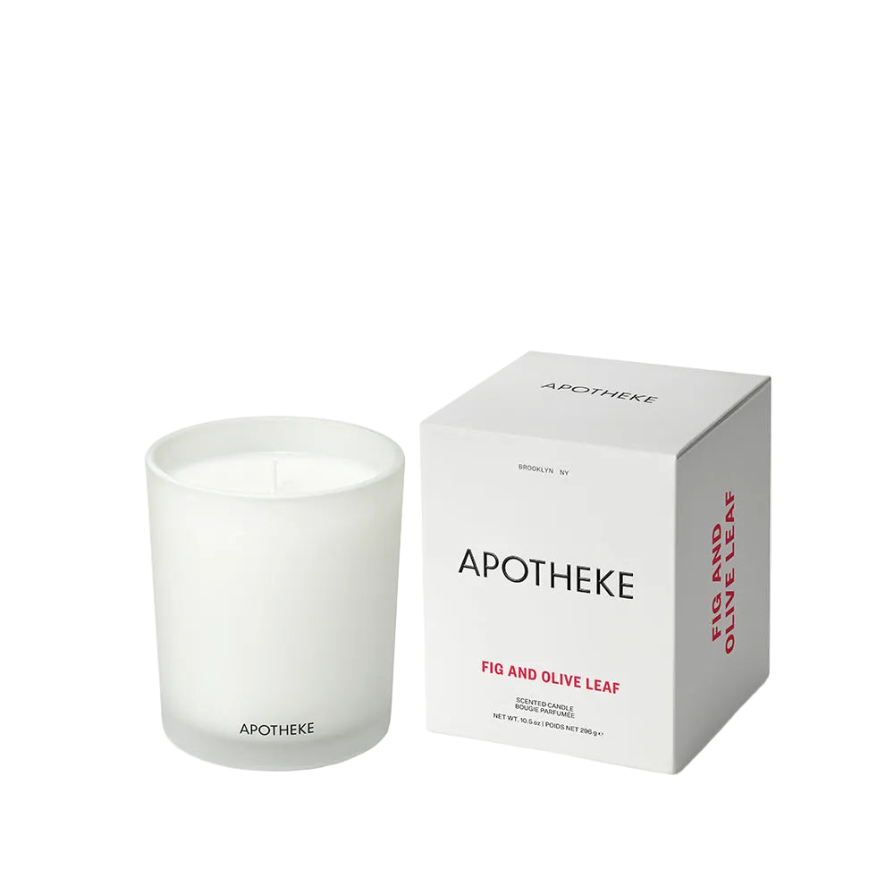 Fig and Olive Leaf Apotheke candle and its packaging on a white background