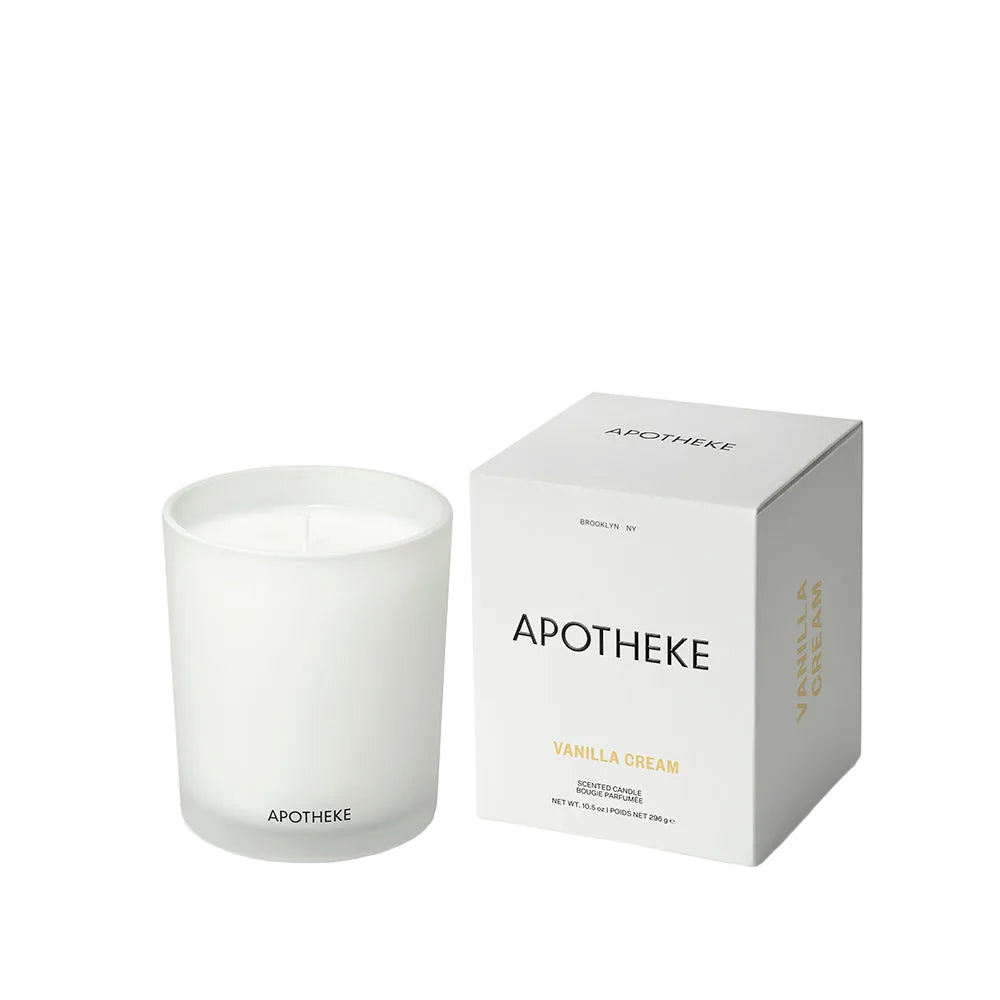 Apotheke  Vanilla Creme candle and packaging on a white background