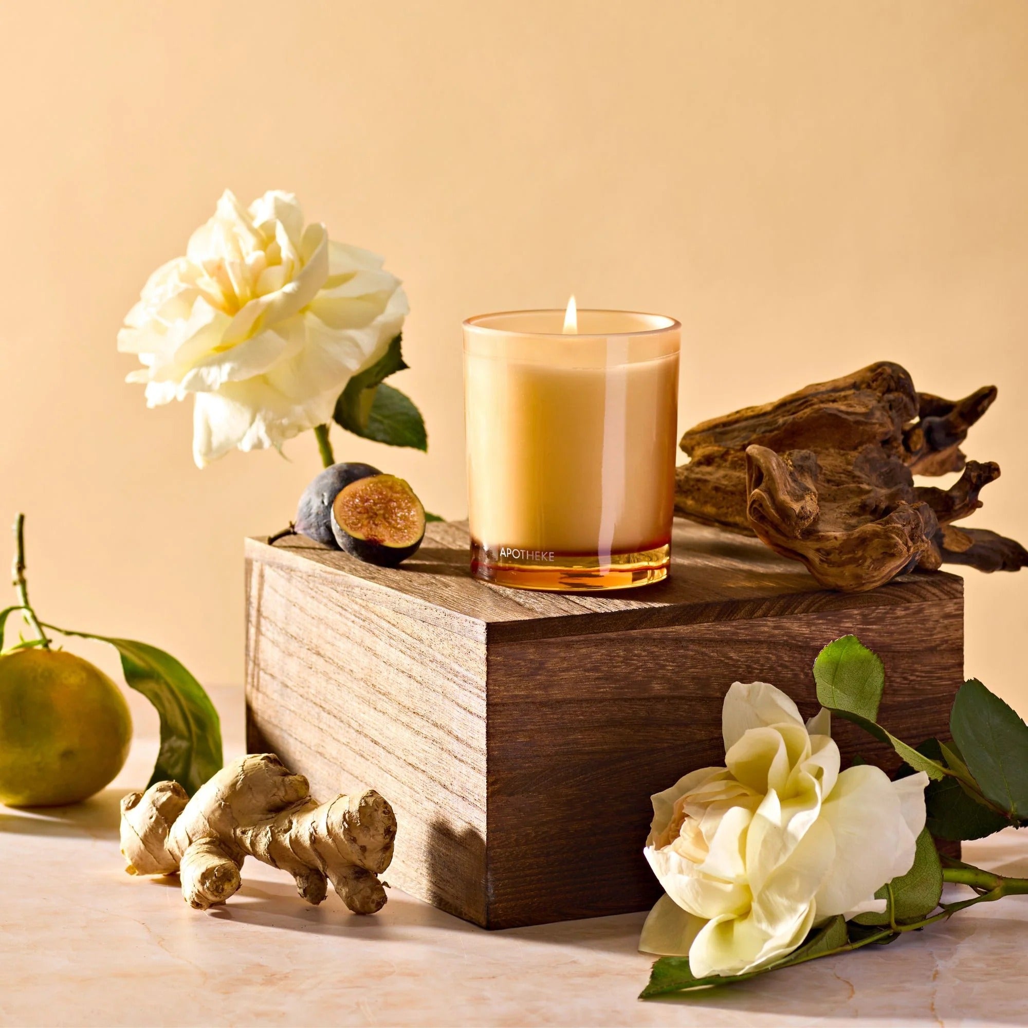 Cedarwood Ginger Petite Candle on a wood box surrounded by fresh botanicals.