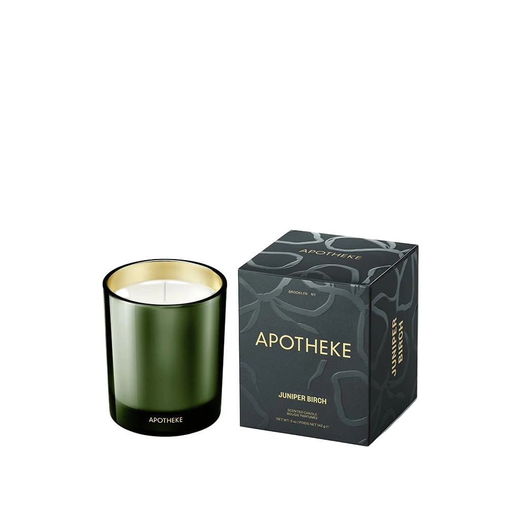 Apotheke Juniper Birch candle with packaging on a white background