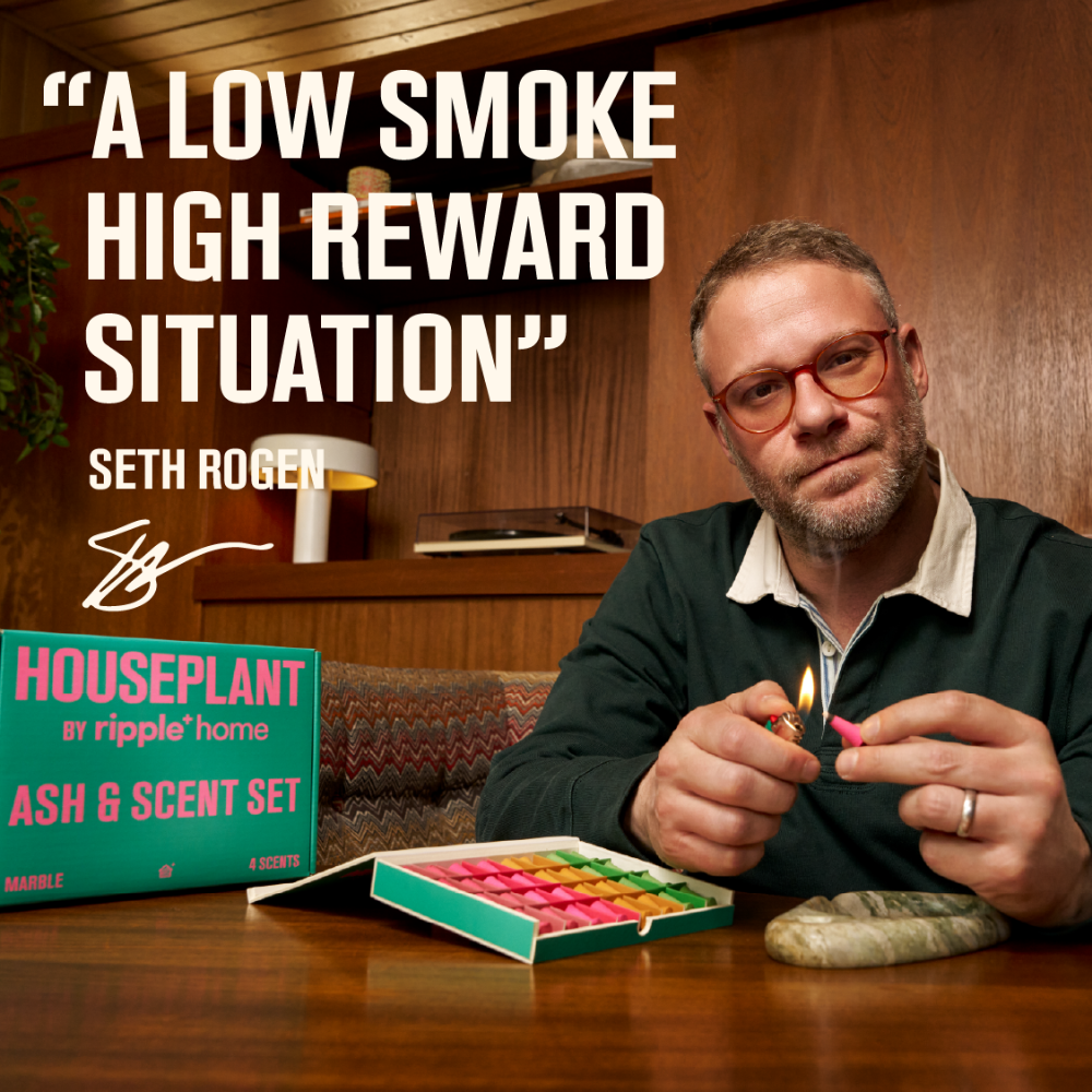 Seth Rogan with Houseplant By Ripple+ Ash & Scent Set lighting a ripple incense droplet with text overlay that reads "A Low Smoke High Reward Situation."