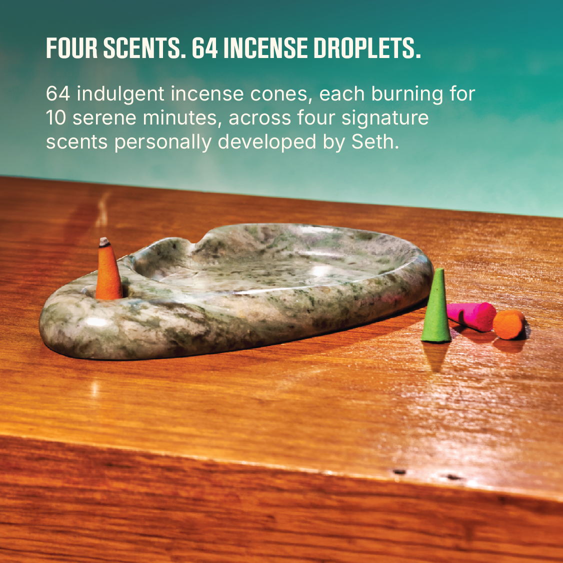 Houseplant By Ripple+ Ash & Scent Set with ripple droplets and ashtray on a wood surface and text overlay that reads "Four Scents. 64 Incense Droplets."