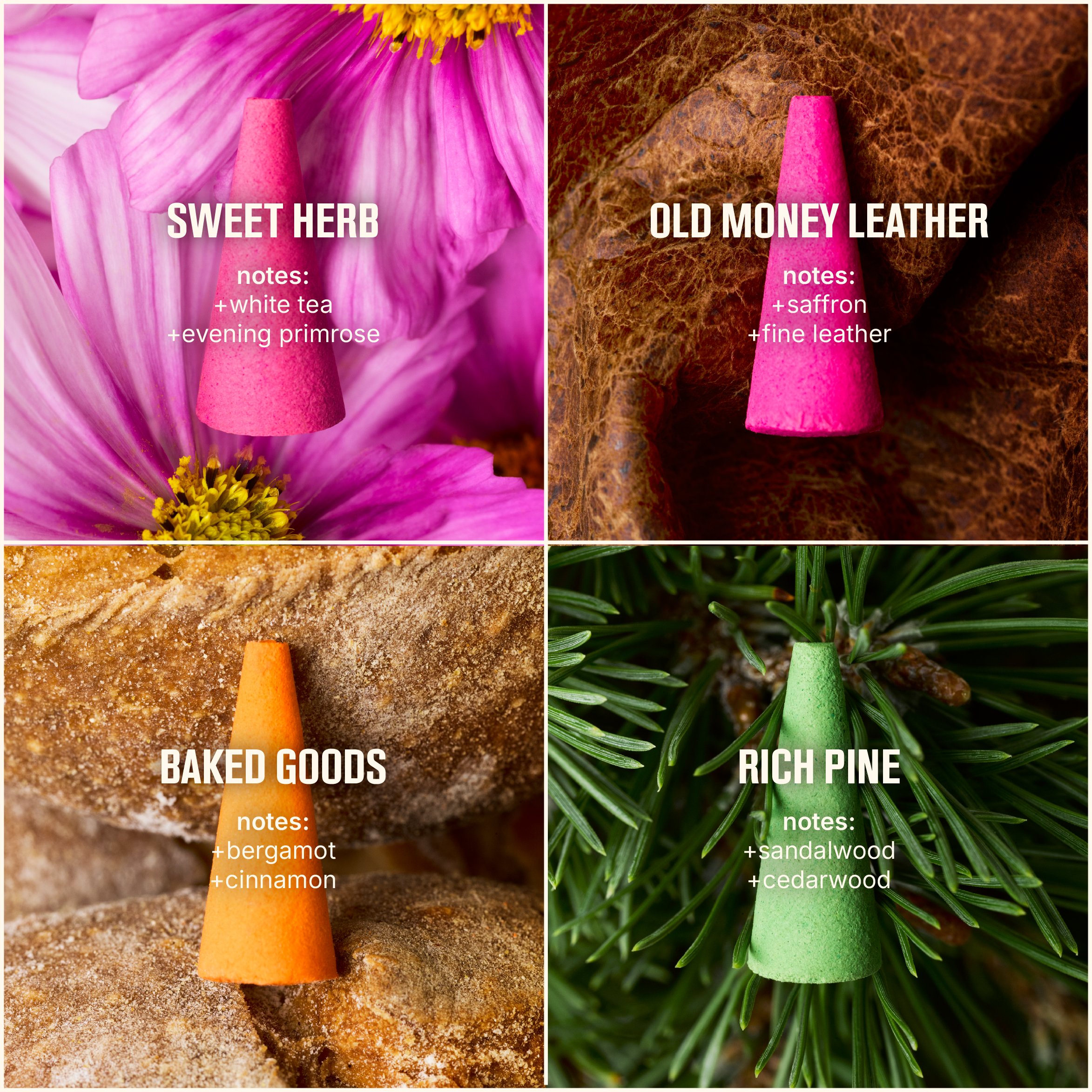Collage of four product images with descriptive text on a floral, leather, stone, and pine background.