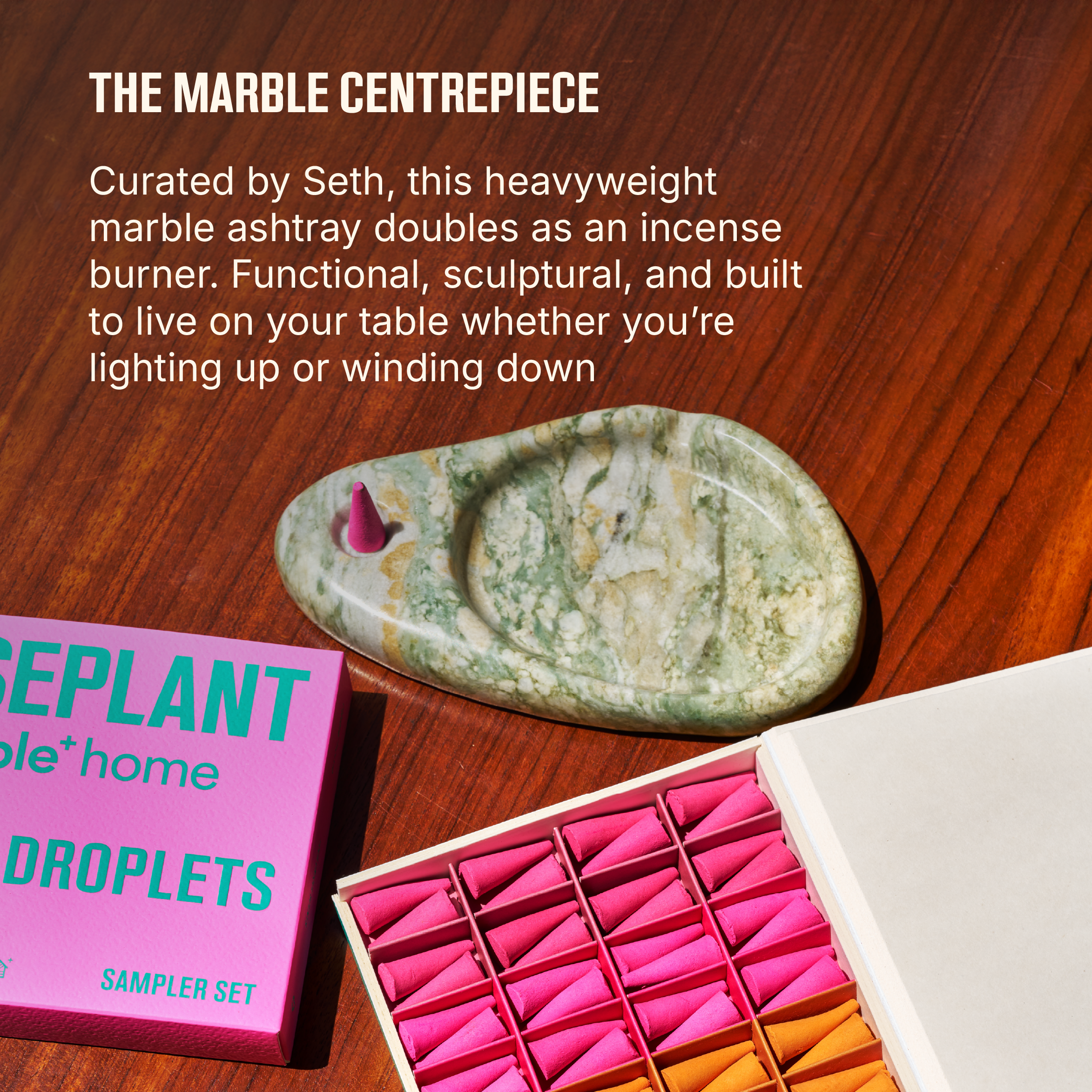 Houseplant By Ripple+ Ash & Scent Set Box with ripple droplets and ashtray on a wood surface. 