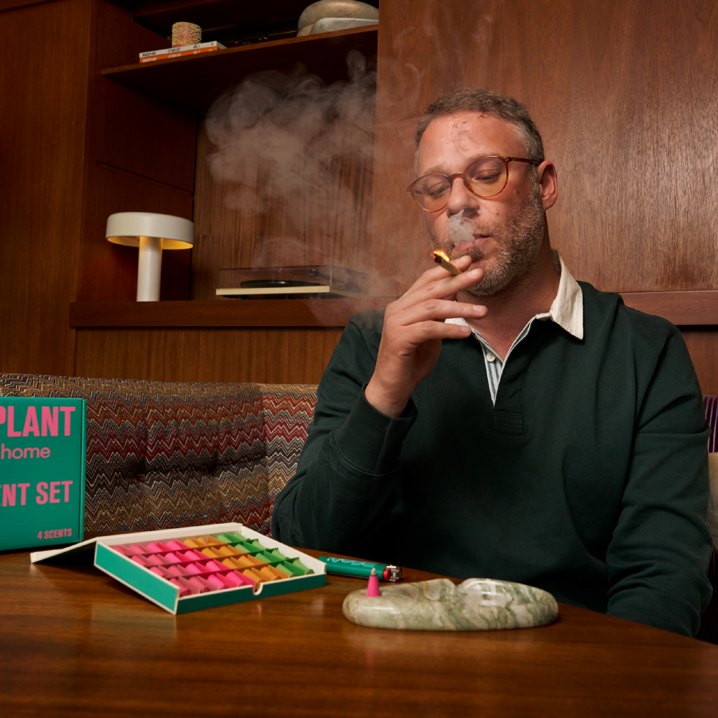 Seth Rogan Smoking next to Houseplant By Ripple+ Ash & Scent Set.