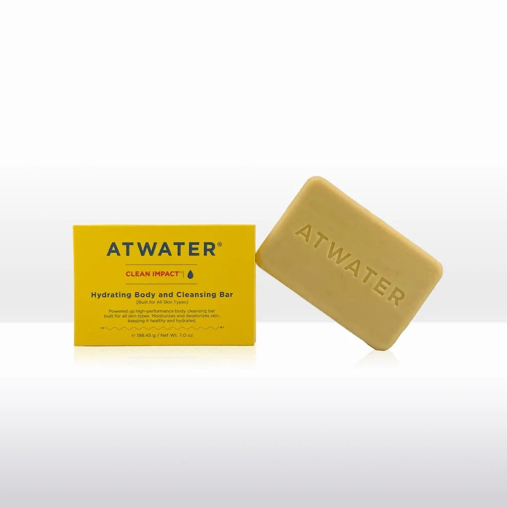 Bar of Atwater soap with packaging on a white background