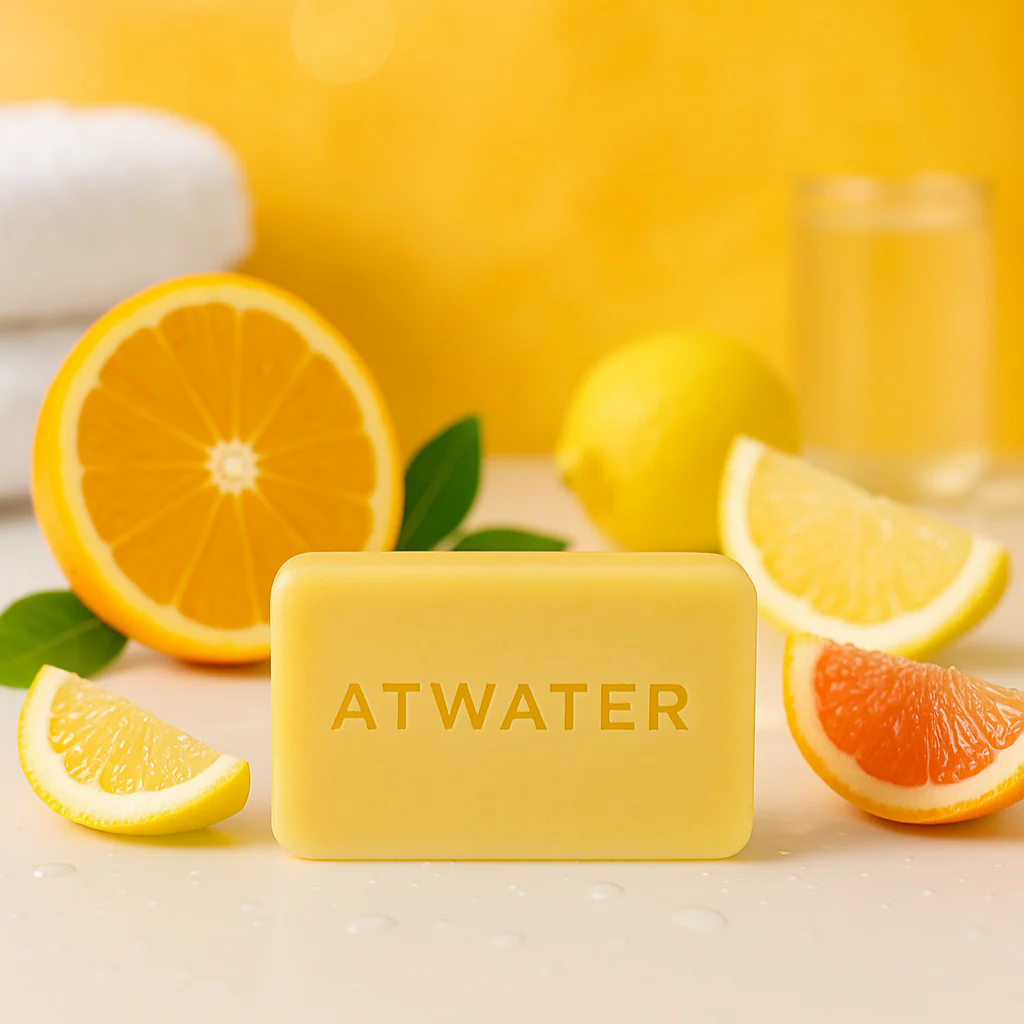Bar of Atwater soap with citrus fruits on a yellow background