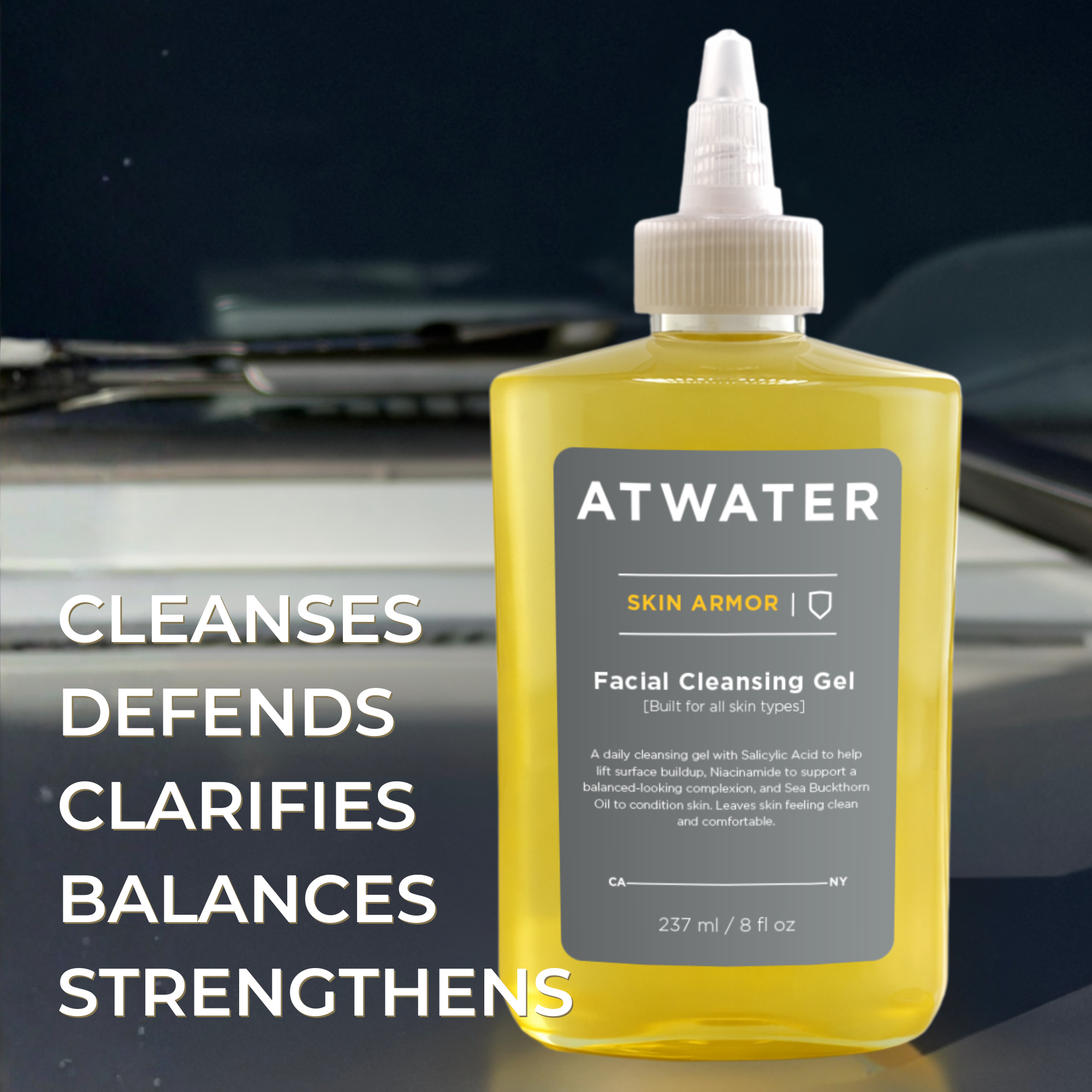 Yellow bottle of Atwater Skin Armor Facial Cleansing Gel with text on a dark background