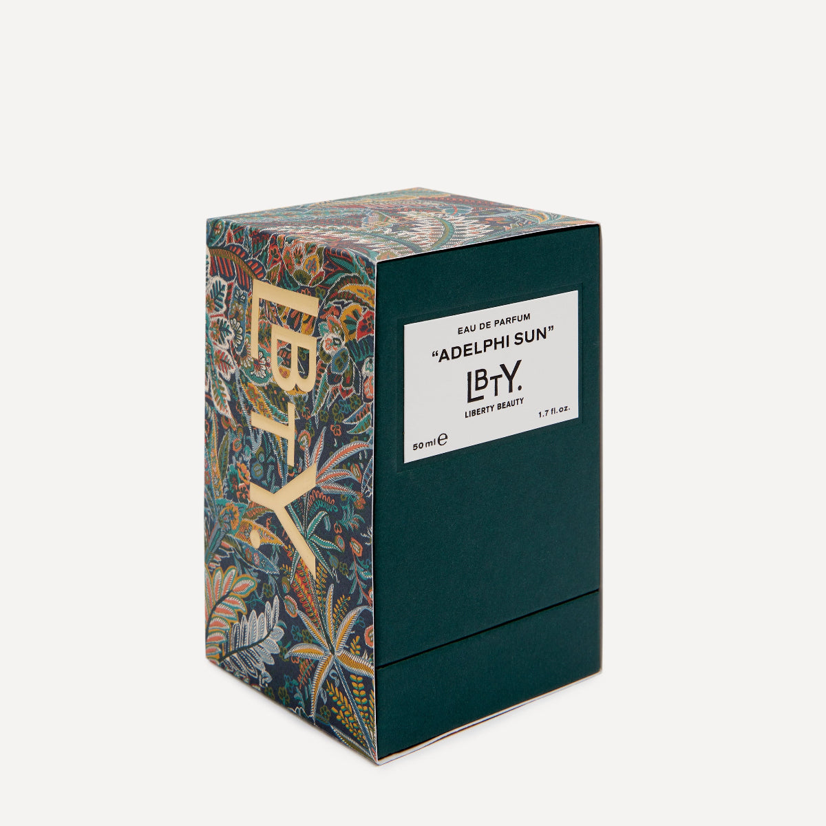 Perfume box with floral design and 'LBTY' branding on a white background