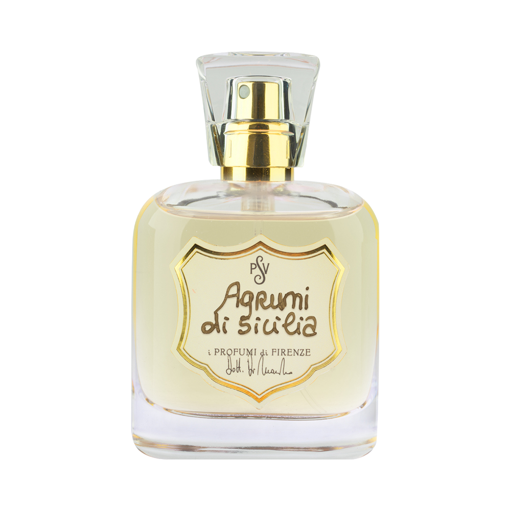A clear glass perfume bottle with a gold spray mechanism and a gold shield-shaped label reading 'Agrumi di Sicilia'. The bottle is filled with a pale yellow liquid and is centered on a plain white background.