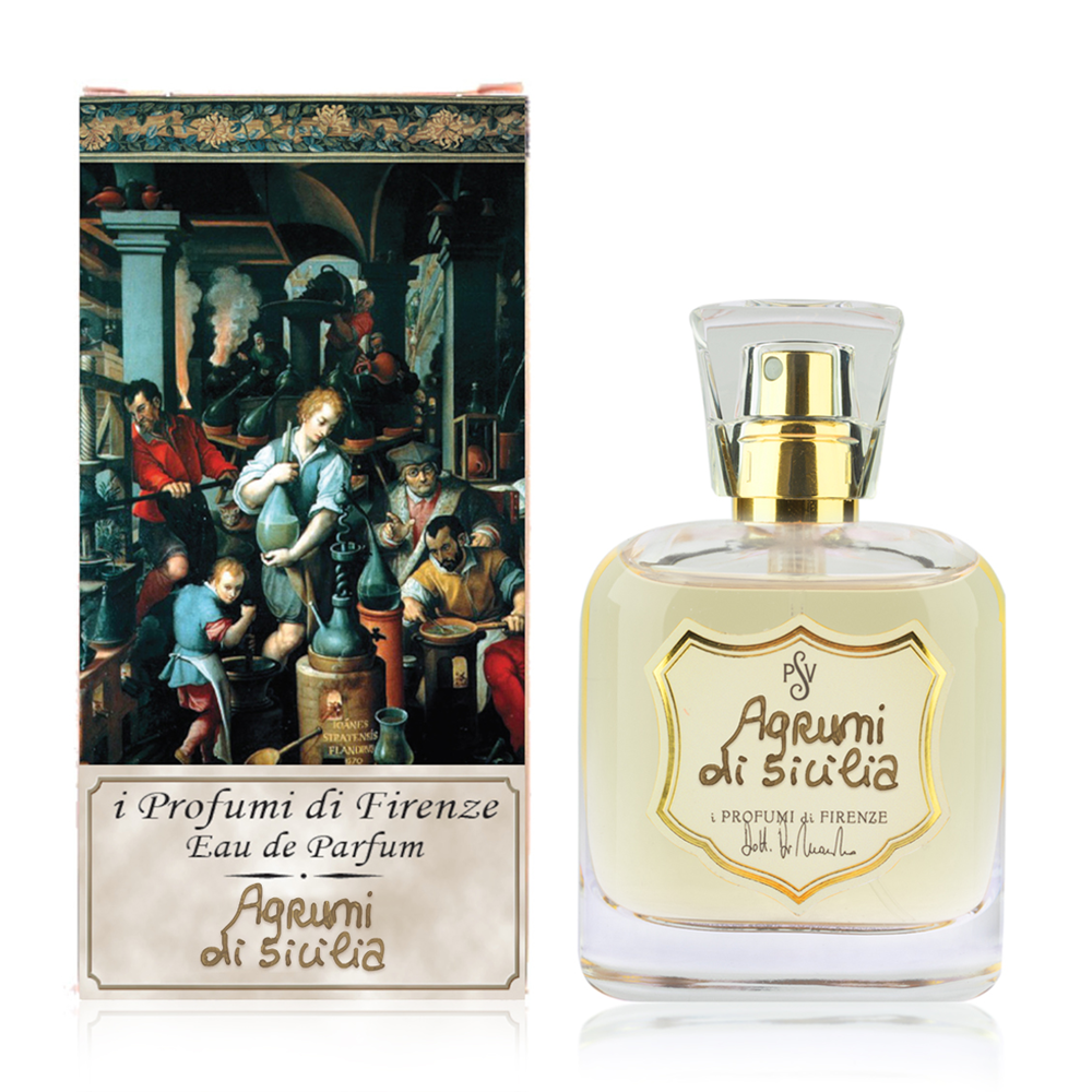 A bottle of Agrumi di Sicilia next to its illustrated packaging box, featuring a classical painting on the box and a gold-embossed label on the clear glass bottle.