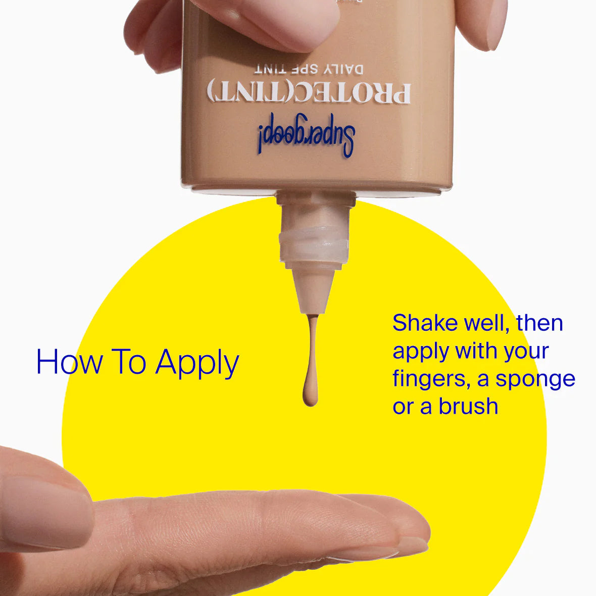 Foundation bottle with applicator being squeezed, showing how to apply on a yellow background.