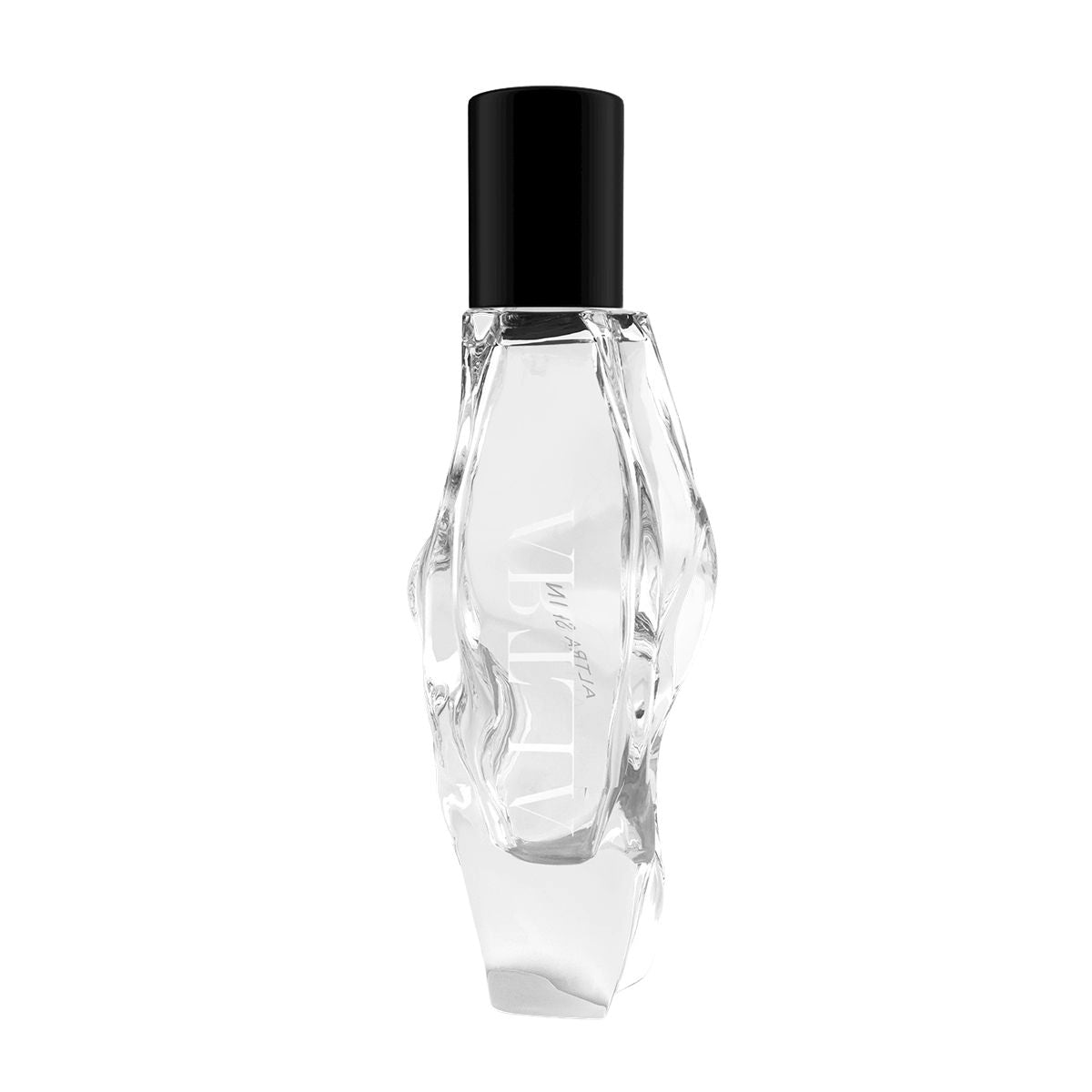 Clear perfume bottle with black cap on a white background
