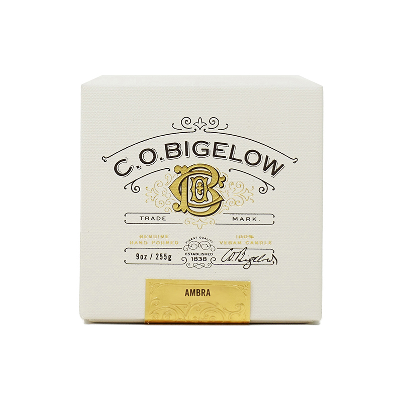 A square cream-colored box for C.O. Bigelow.