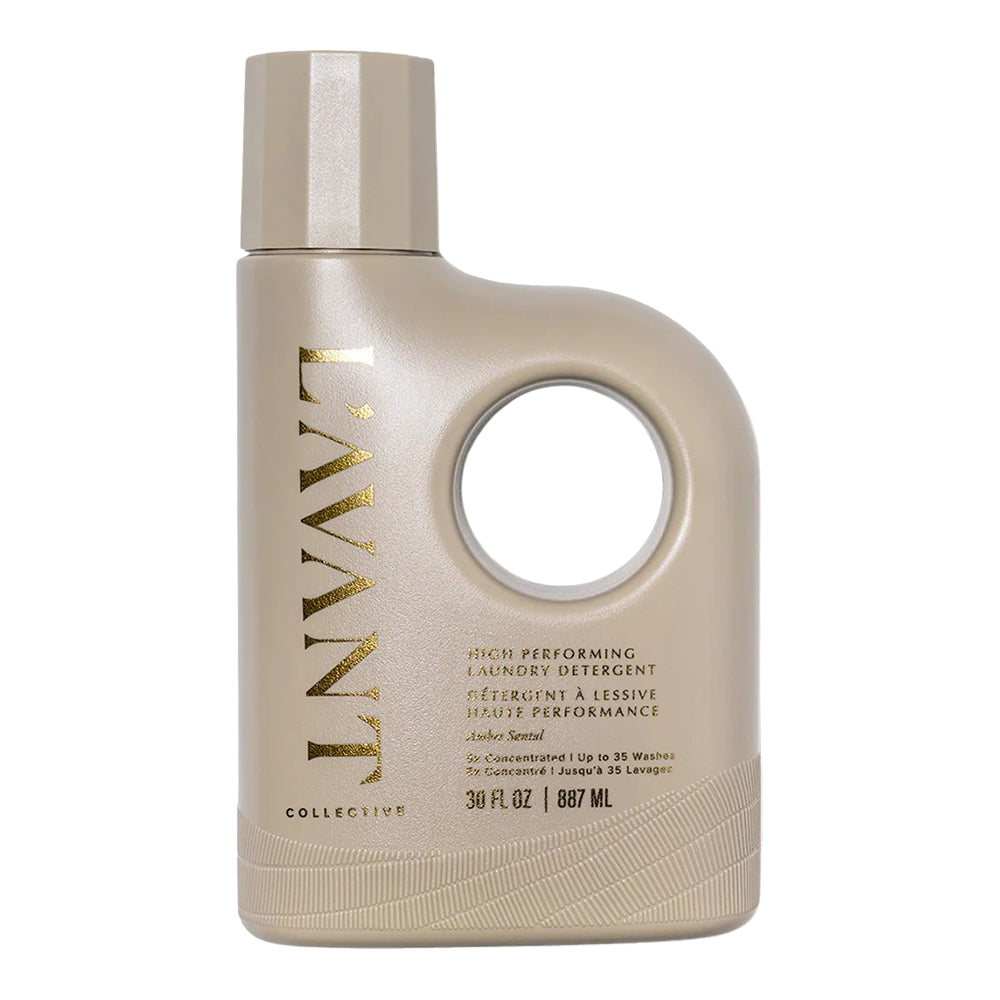 Beige bottle with gold text on a white background