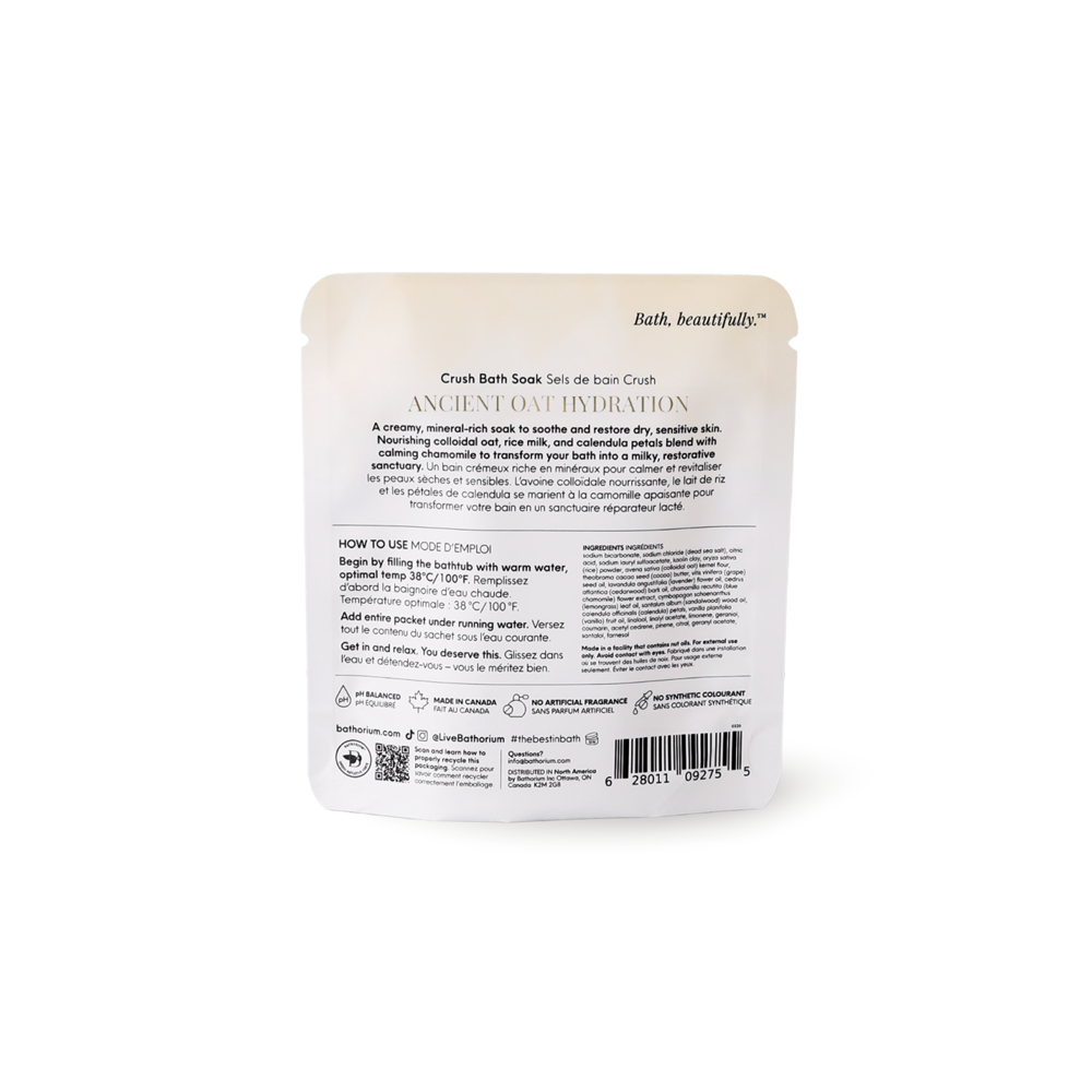Back of packaging of Bathorium Ancient Oat Hydration Crush - Bath Soak (120g) on a white background