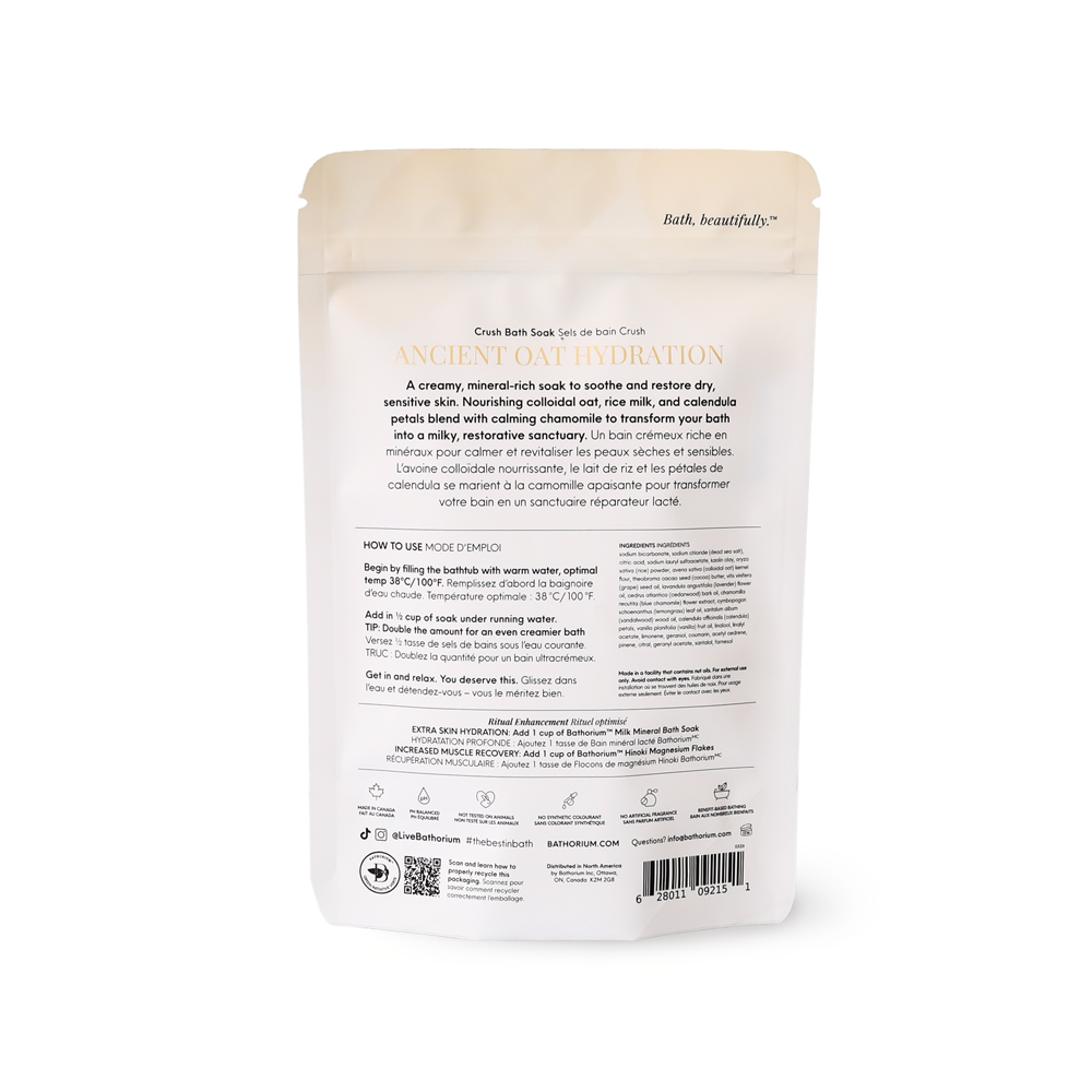 Back of packaging for Bathorium Ancient Oat Hydration Crush - Bath Soak (600g) on a white background
