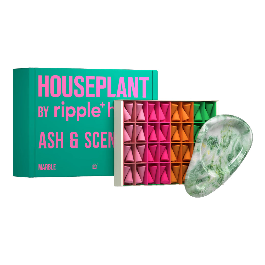 Houseplant By Ripple+ Ash & Scent Set Box with ripple droplets and ashtray on a white background.