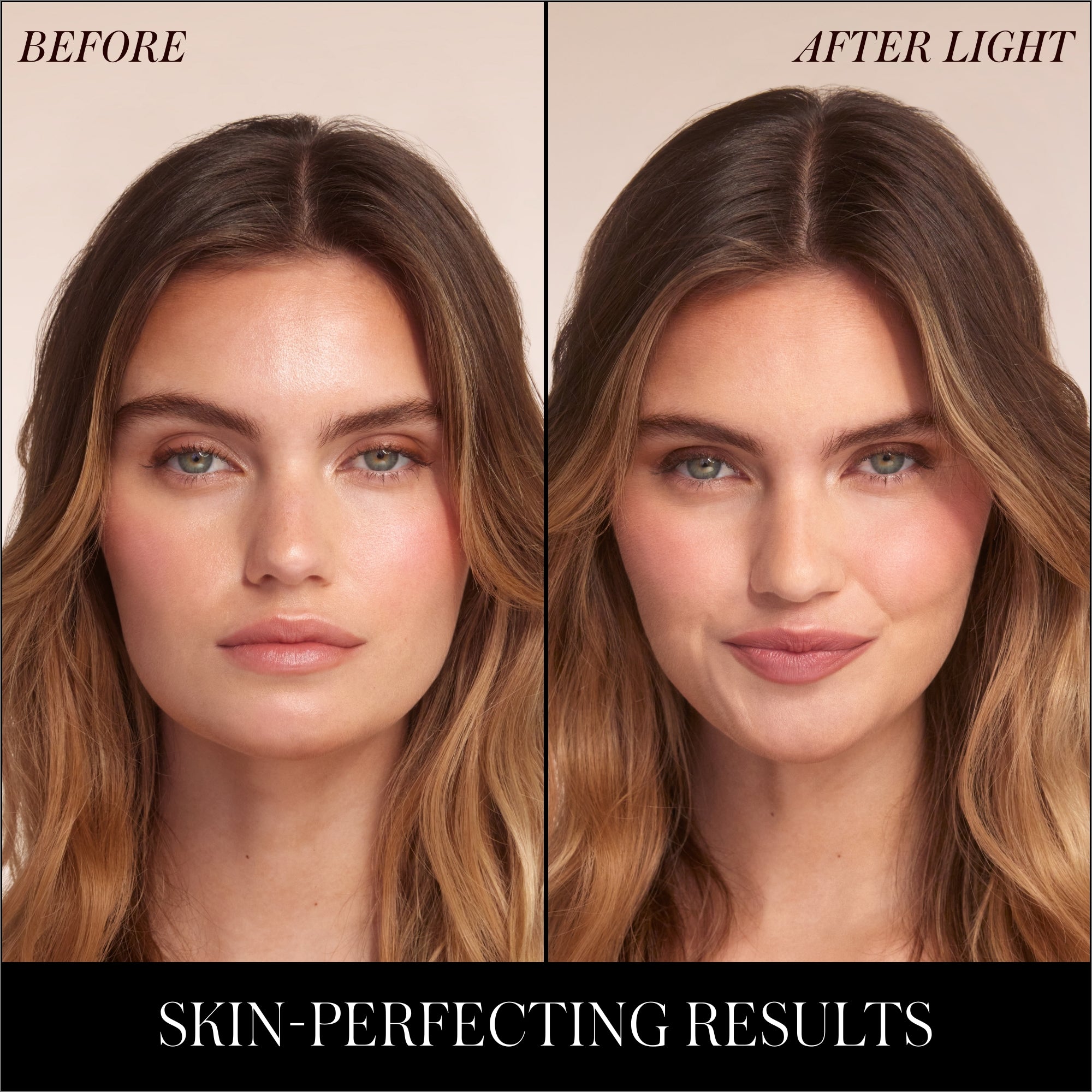 Before and after comparison of a woman's face with skin-perfecting results on a beige background.