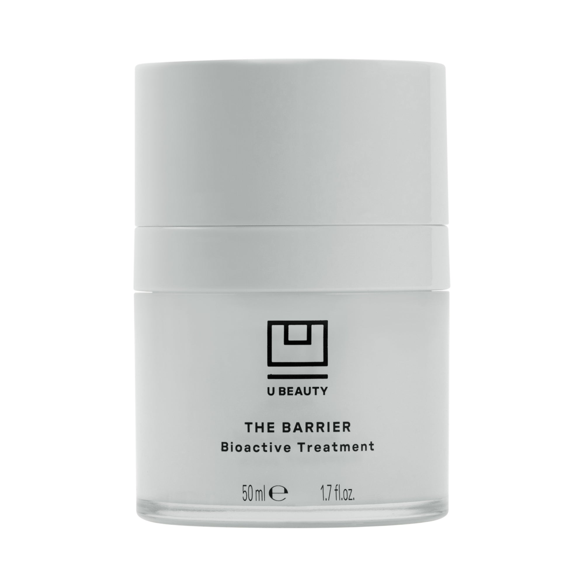 Skincare jar labeled 'The Barrier Bioactive Treatment' by U Beauty on a white background