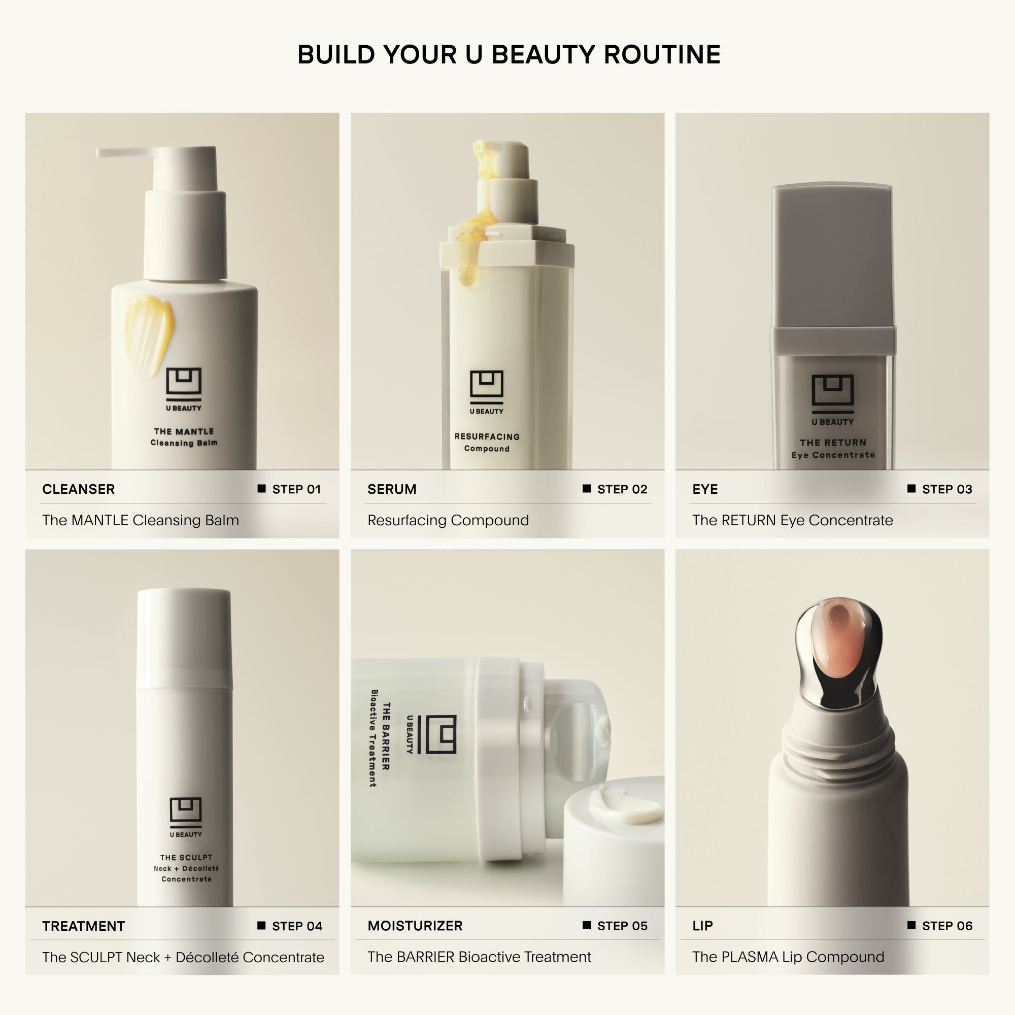 Collage of skincare products with labels and step numbers on a beige background