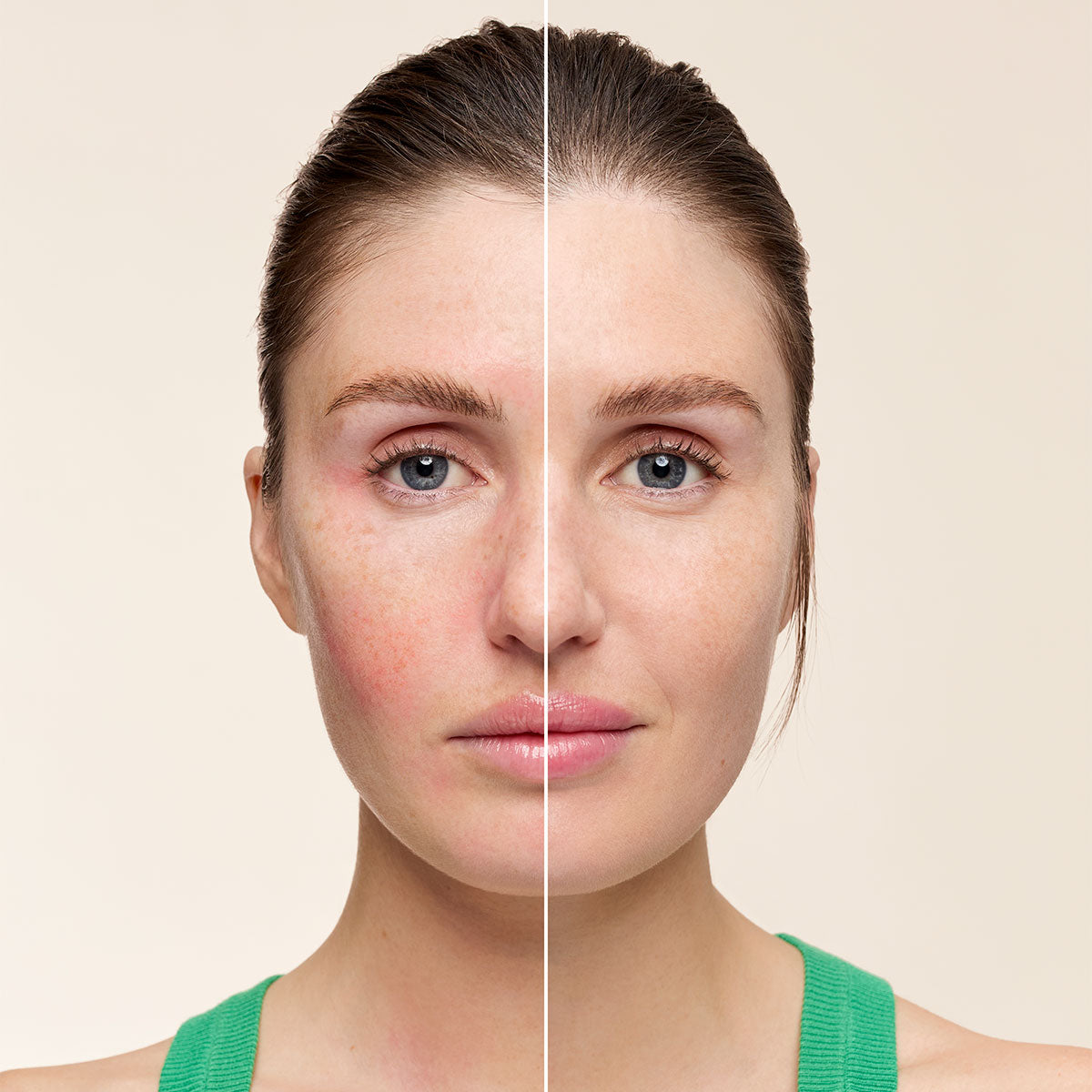 Before and after of a woman wearing Embryolisse SOS Corrective Cream.