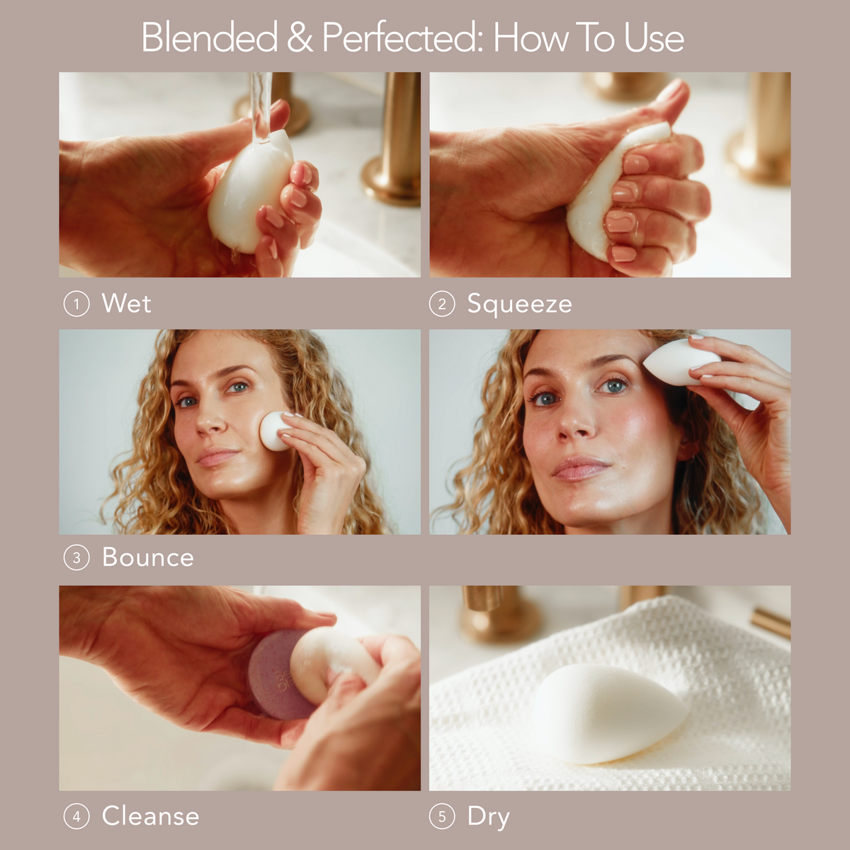 Step-by-step guide on how to use a beauty tool with images of wetting, squeezing, applying, and cleaning.