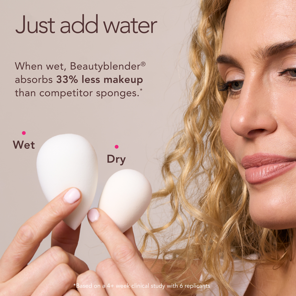 Woman holding a wet and dry Beautyblender with text about its makeup absorption properties.