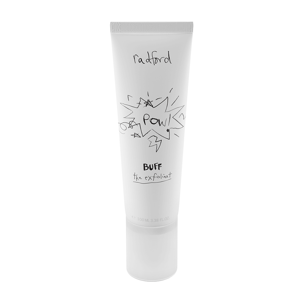 A white squeeze tube of Radford Buff the Exfoliant on a solid white background.