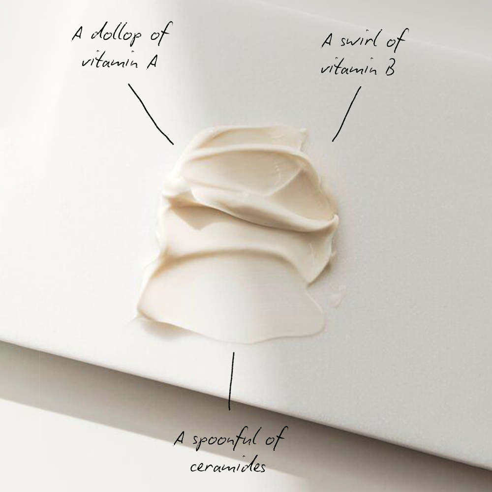 A dollop and swirl of Radford Butter -  The Thick Cream on a white surface, with handwritten labels pointing to it: 'A dollop of vitamin A,' 'A swirl of vitamin B,' and 'A spoonful of ceramides.'.