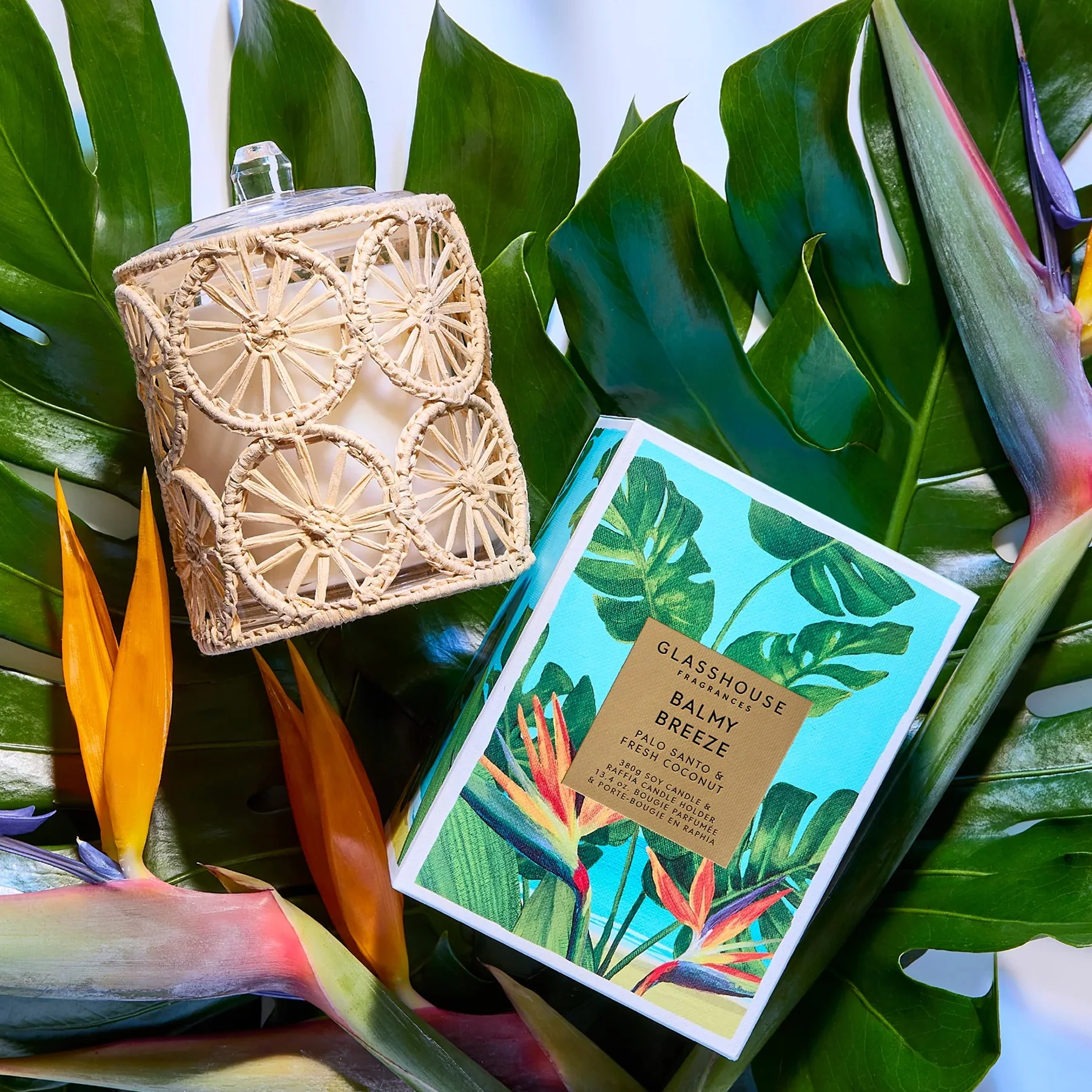 Balmy Breeze Candle and box on a leaf background. 