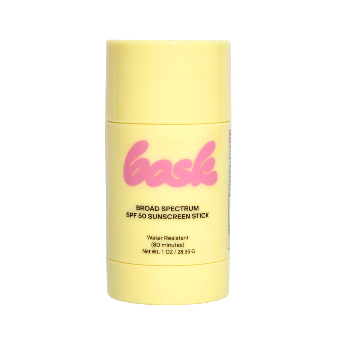 Yellow sunscreen stick with pink logo on a white background