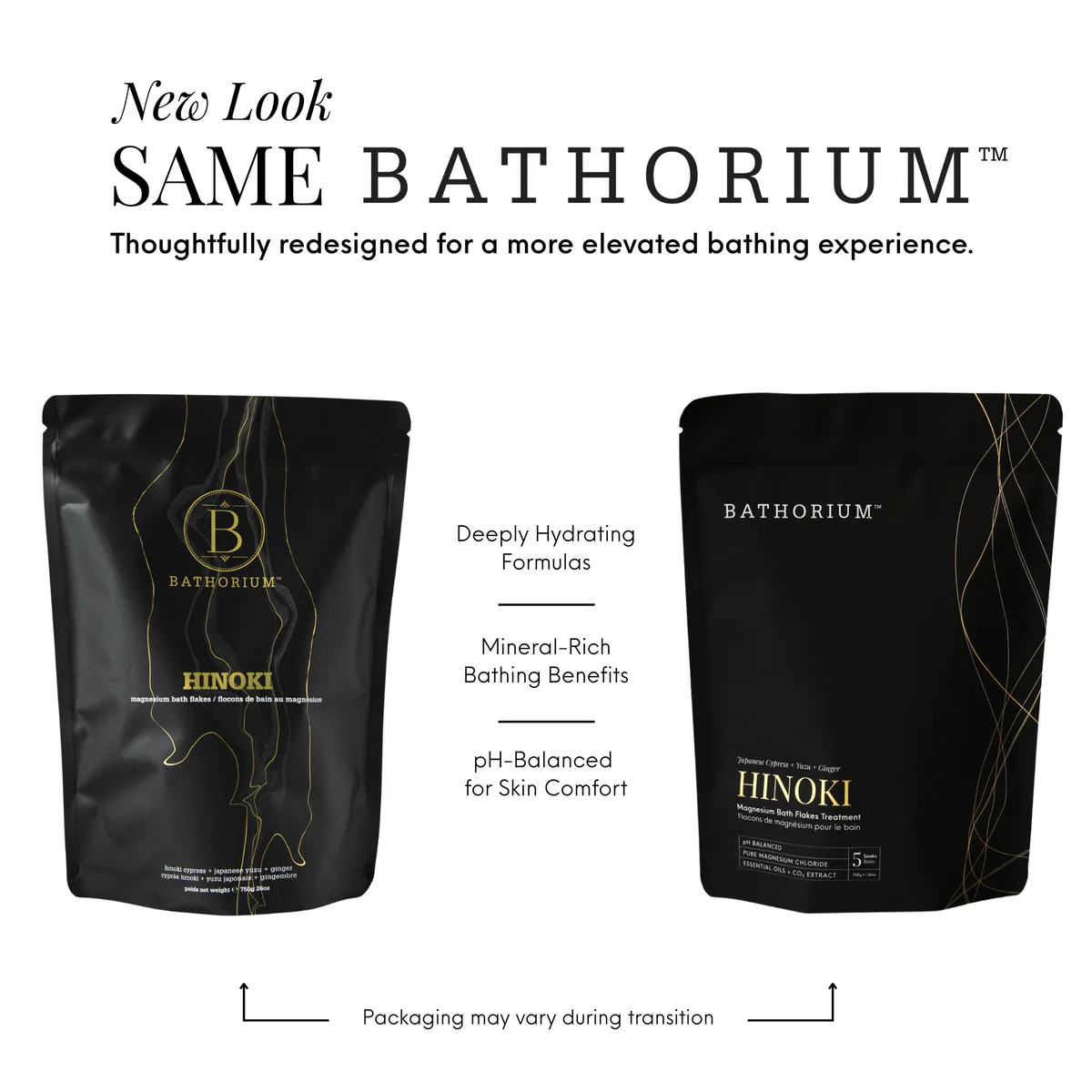 Two black packages of Bathorium Hinoki with text about product features on a white background.