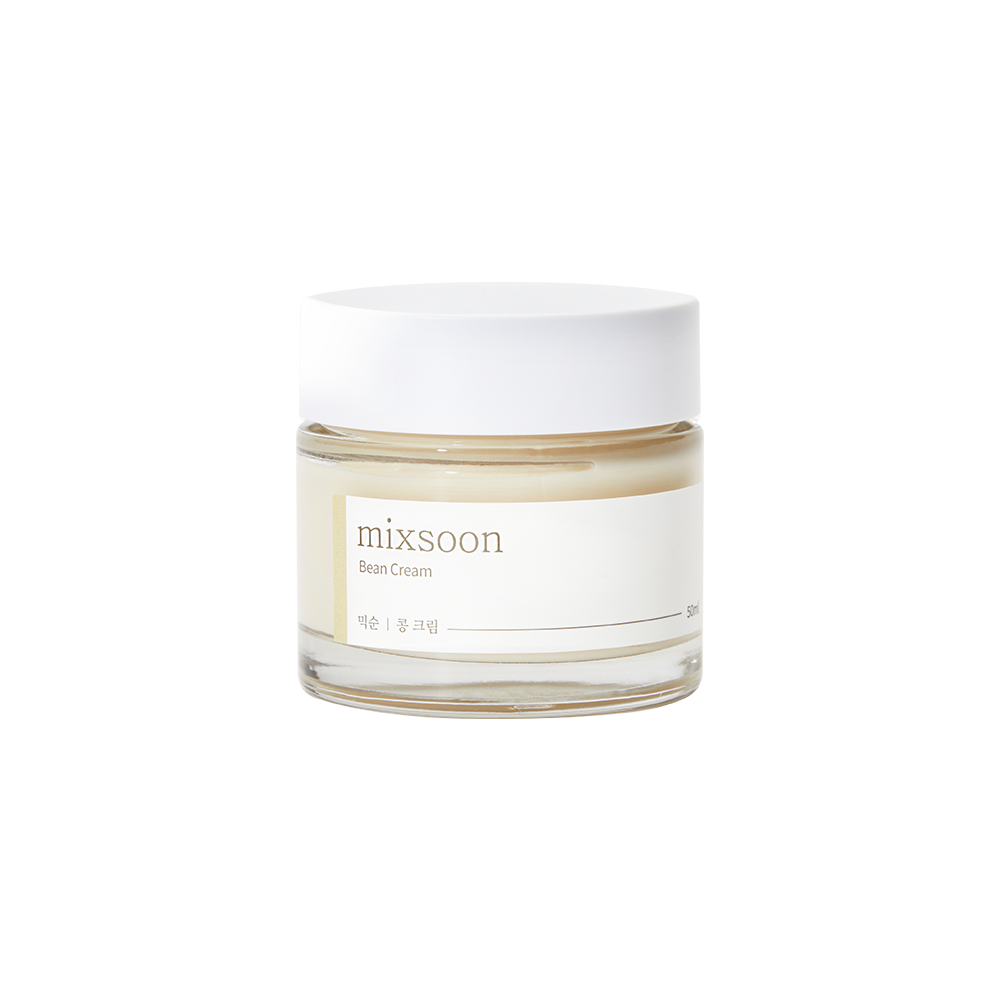 A small clear cosmetic jar of Mixsoon Bean Cream with a white lid and a white label, shown on a plain white background.