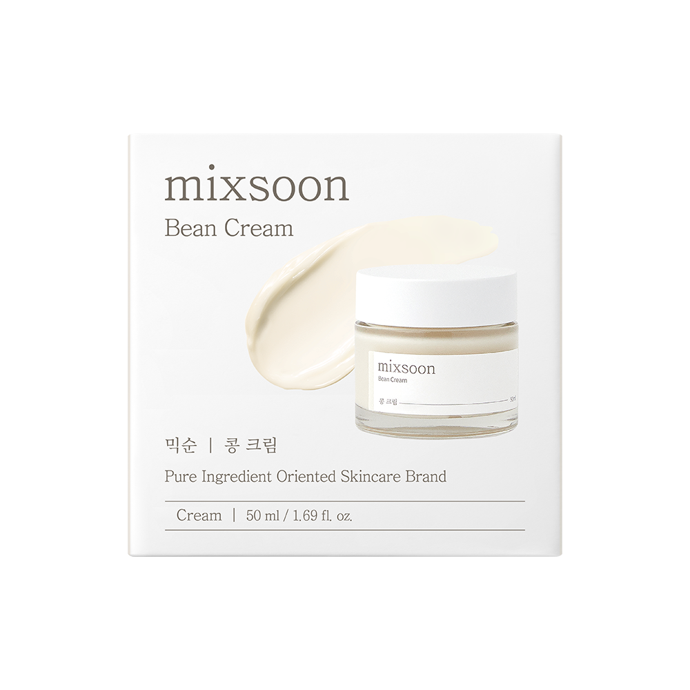 Mixsoon Bean Cream skincare packaging box in white, featuring a cream-colored product smear graphic and a small jar on a clean white background.