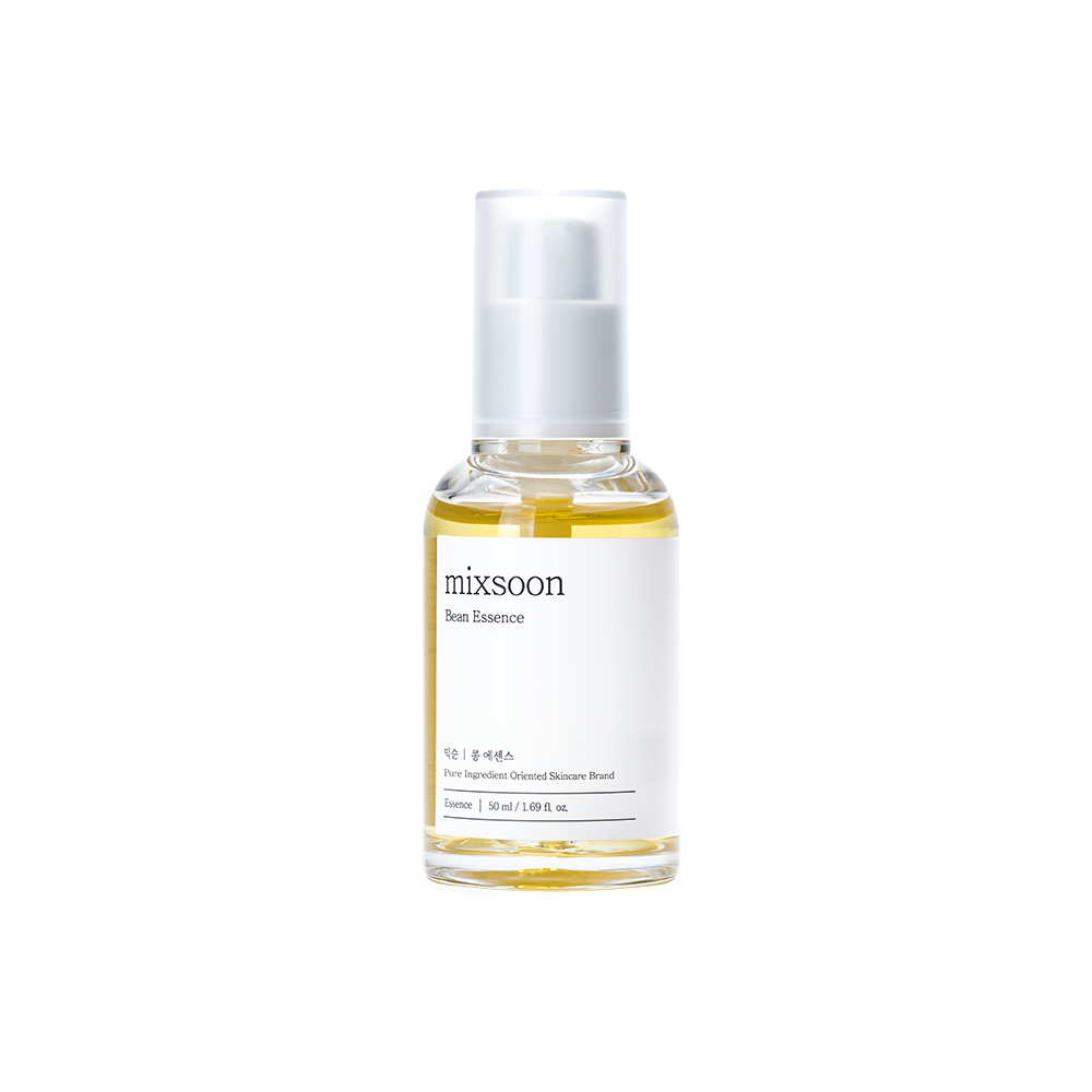 A clear glass bottle of Mixsoon Bean Essence with a white pump dispenser and a white label, containing a yellow oil, set against a plain white background.